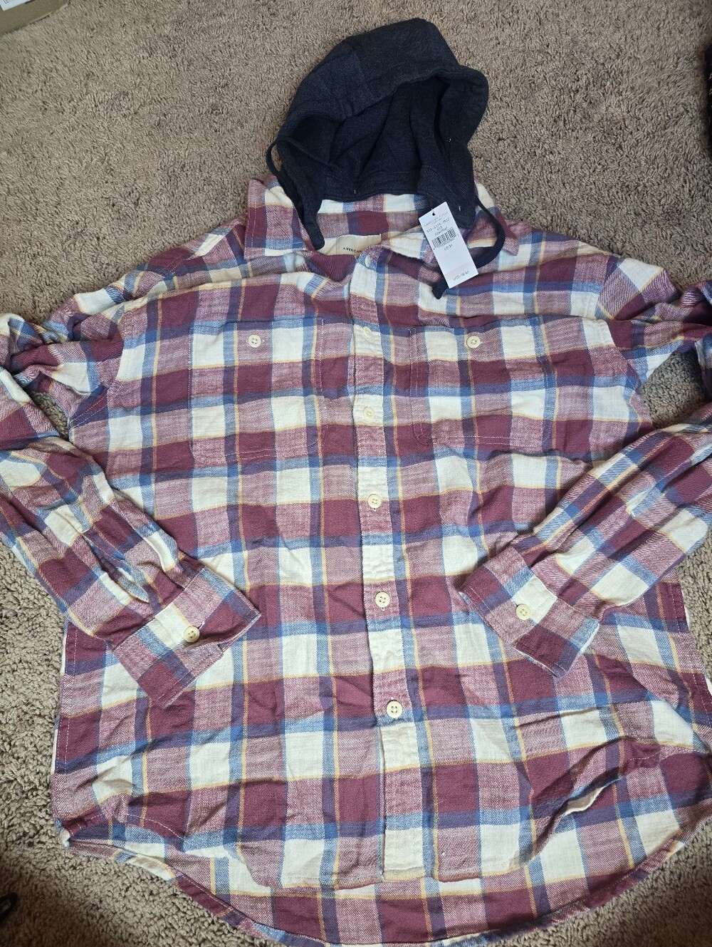 American Eagle Men's Medium Hooded Plaid Flannel Shirt Maroon NWT
